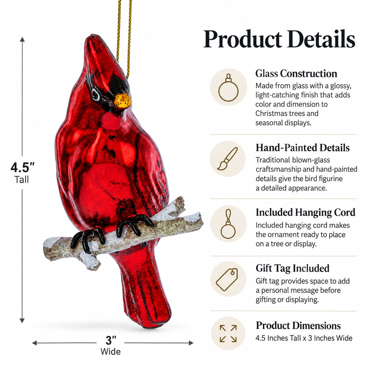 Red Cardinal Blown Glass Ornament